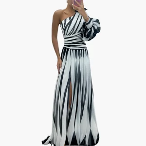 Randig En Axel Maxiklänning | Eleganta Slit Aftonklänning