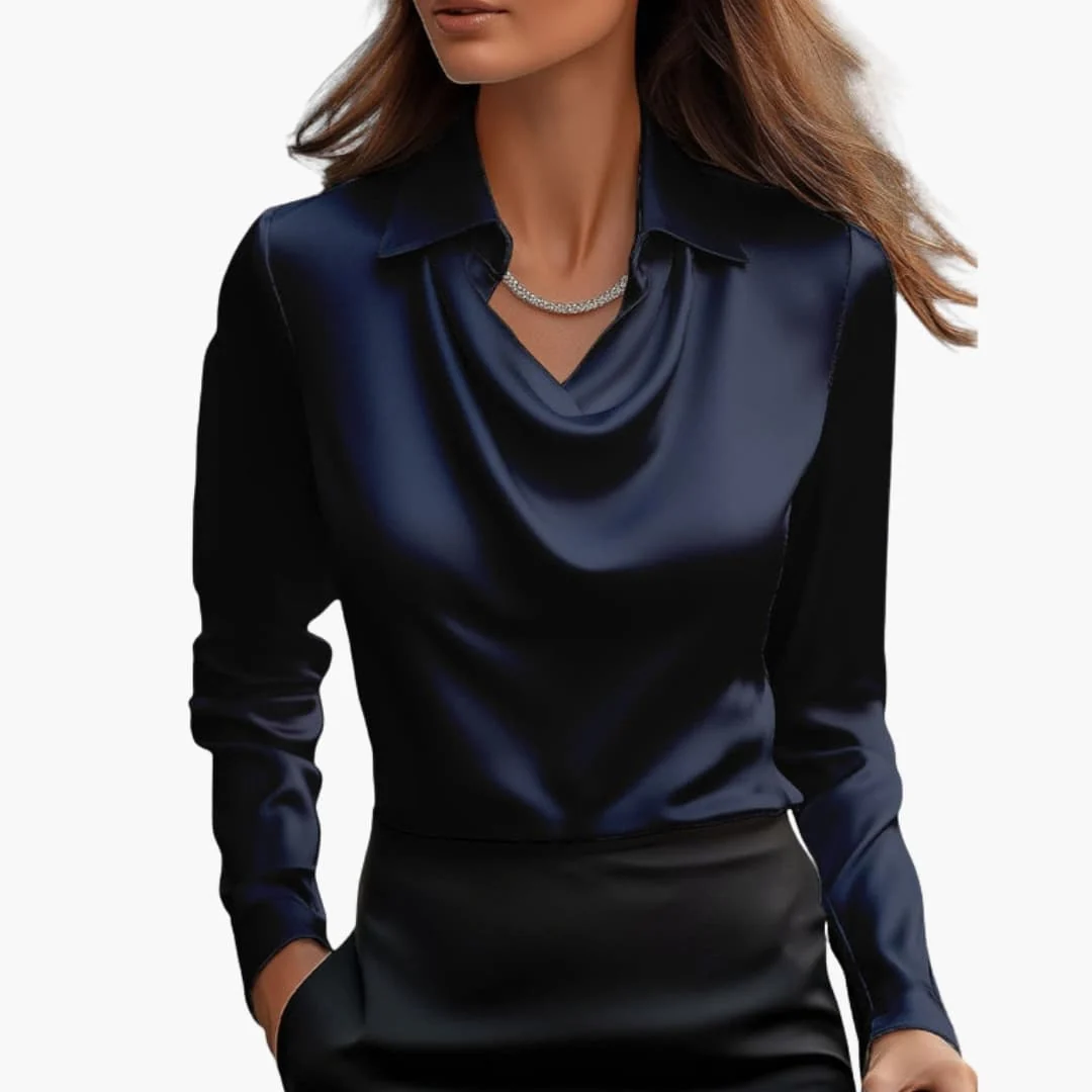 Dam Satin Stil Draperad Hals Långärmad Blus - Bild 4