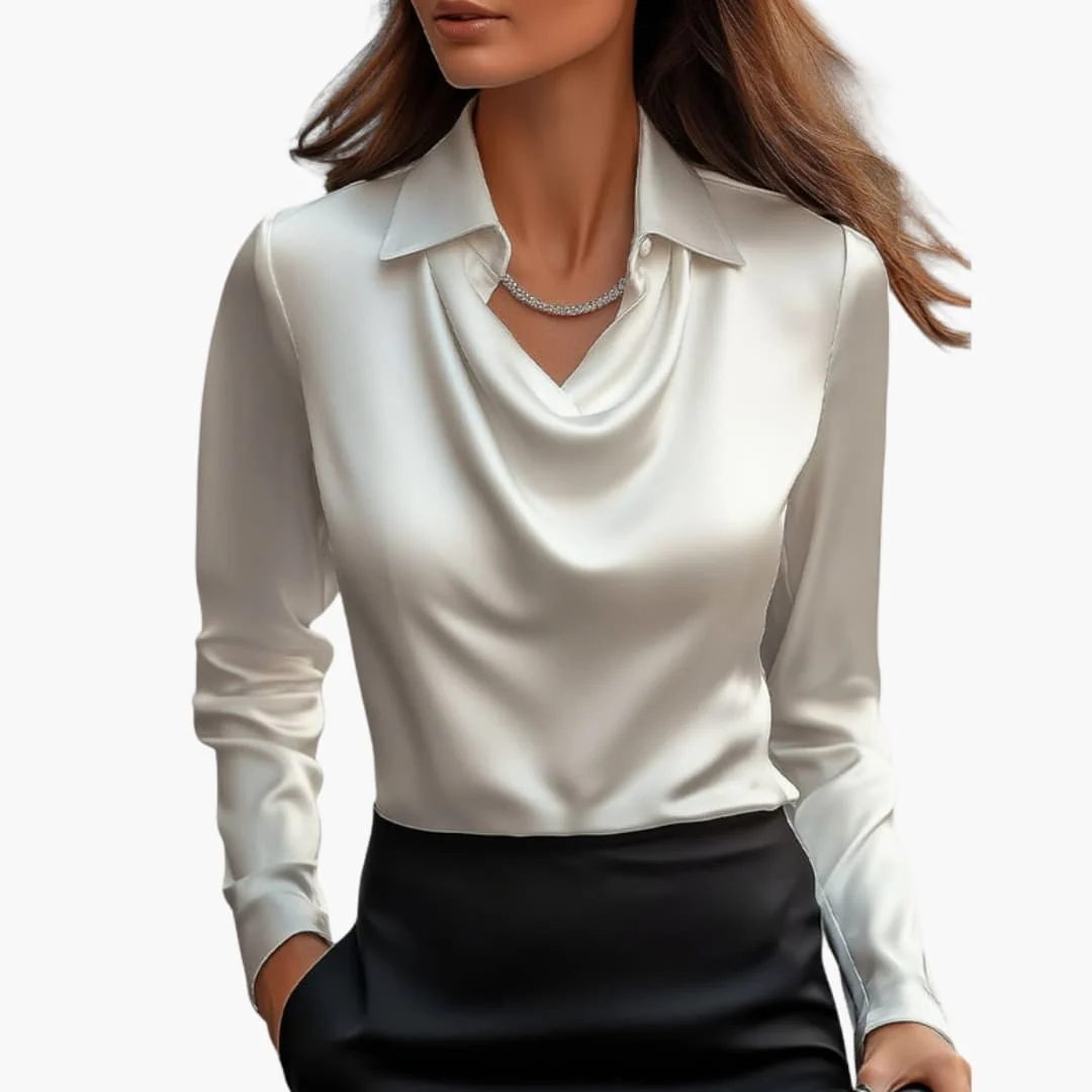 Dam Satin Stil Draperad Hals Långärmad Blus
