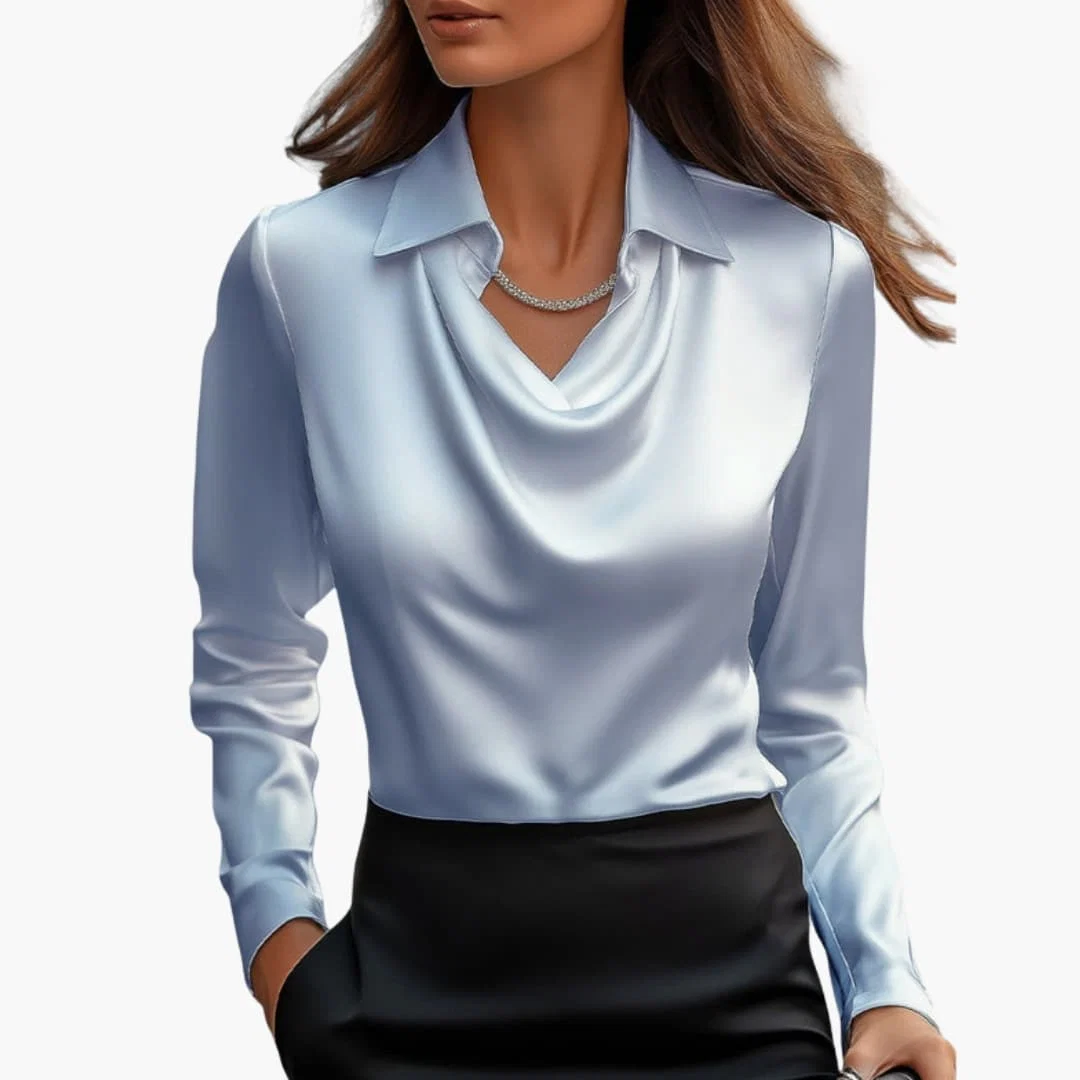 Dam Satin Stil Draperad Hals Långärmad Blus - Bild 7